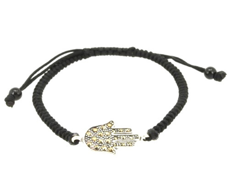 Silver Marcasite Hand of God Adjustable Black Silk Rope Bracelet