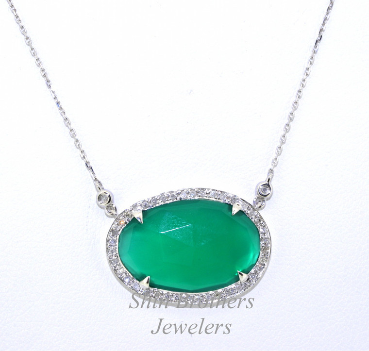 32000359 14K White Gold Diamond Green Onyx Necklace