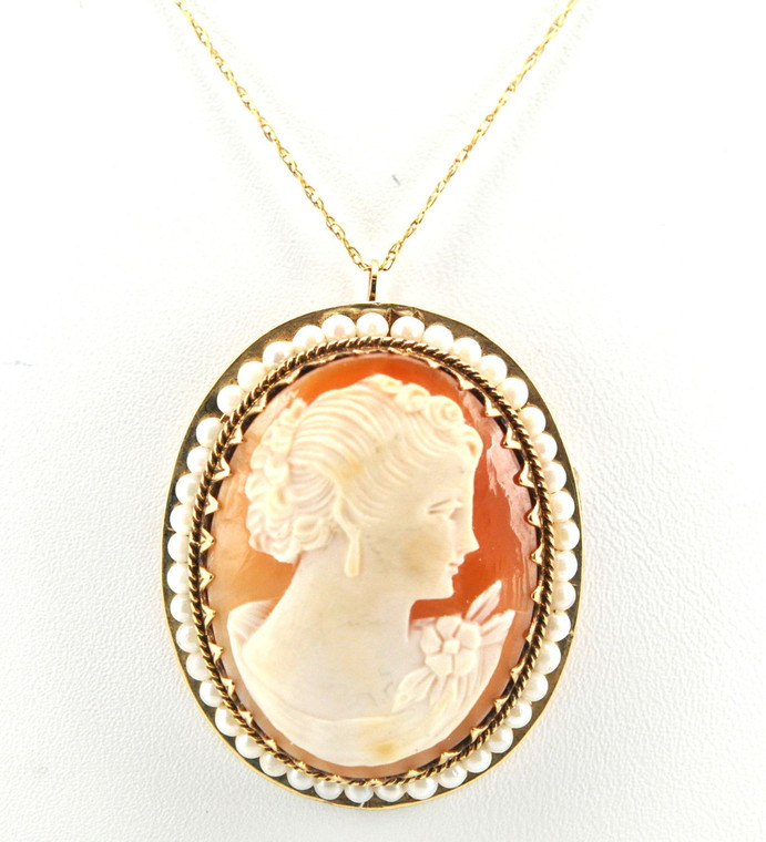 14K Yellow Gold Cameo Pendant/Pin with Pearls 52001446 | Shin Brothers*