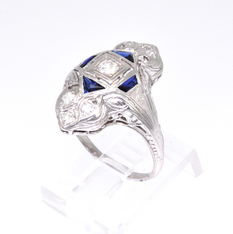 14K White Gold Antique  Diamond and Sapphire  Ring 12001732  | Shin Brothers* 