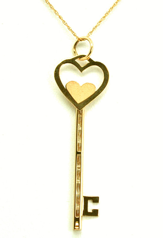 14K Yellow Gold Key Heart Charm With Baguette Cubic Zircornia | Shin Brothers