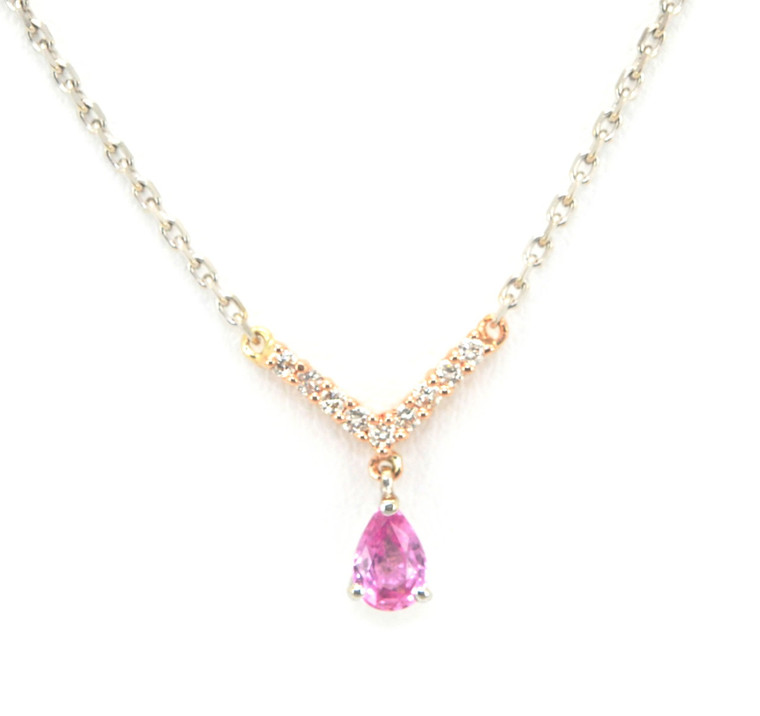 14K Two Tone Gold Pink Sapphire / Diamond Teardrop Necklace 32000348 | Shin Brothers*