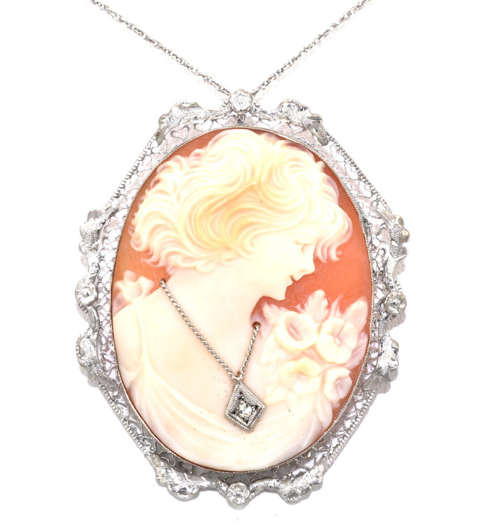 14K White Gold Cameo Pendant/Pin with Diamond Accent 52001504 | Shin Brothers* 