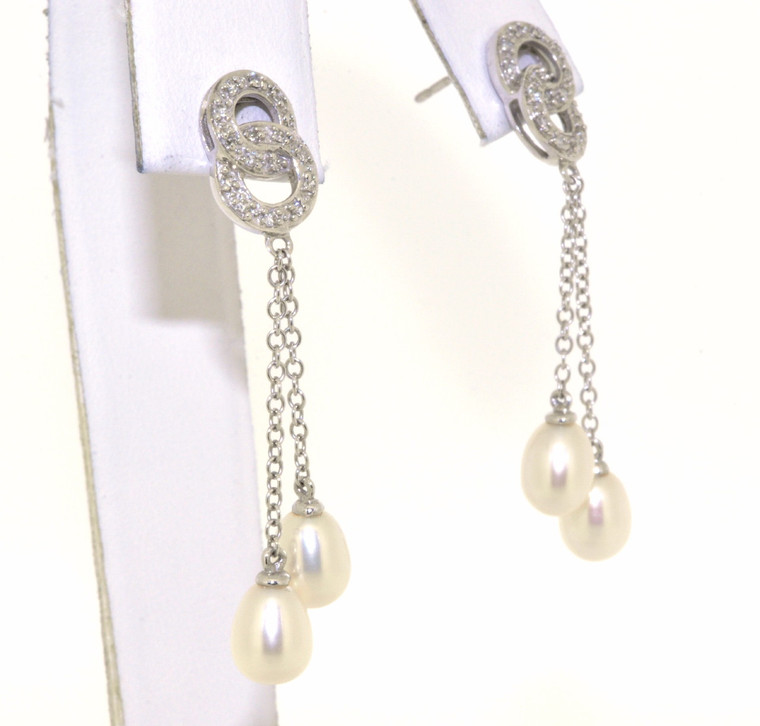 14K White Gold Hanging Pearl and Diamond Earrings 42002243