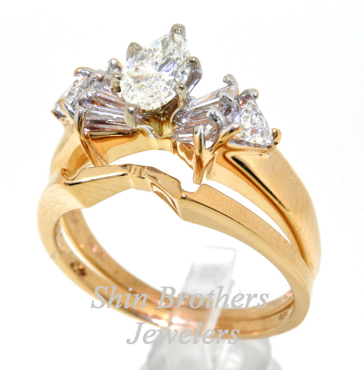 14K Yellow Gold 1.5ctw Pear and Trillion Cut Size 7.5 Diamond Bridal Set