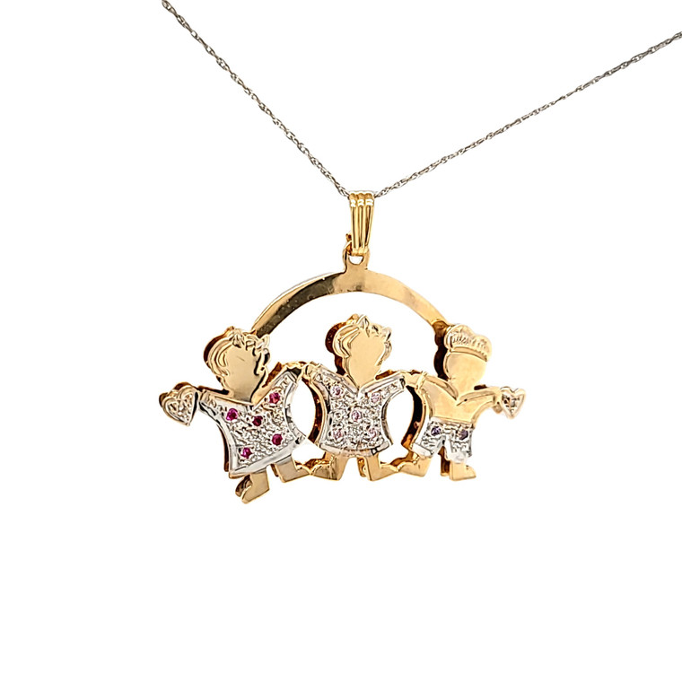 14K Two Tone Gold Three Kids Charm with Diamonds & Rubies 52000773 | Shin Brothers*