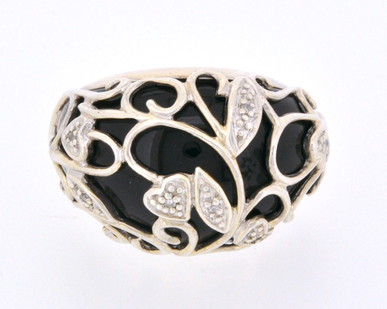 Sterling Silver CZ and Onyx Filigree Ring 81210049