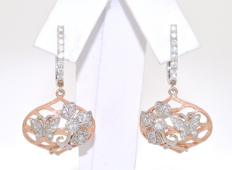14K Two Tone Diamond Floral Butterfly Drop Earrings 41002035 | Shin Brothers*