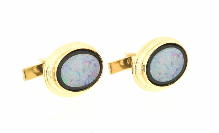 14K Yellow Gold Mens Oval Shape Opal Onyx Cufflinks  89910076  | Shin Brothers* 