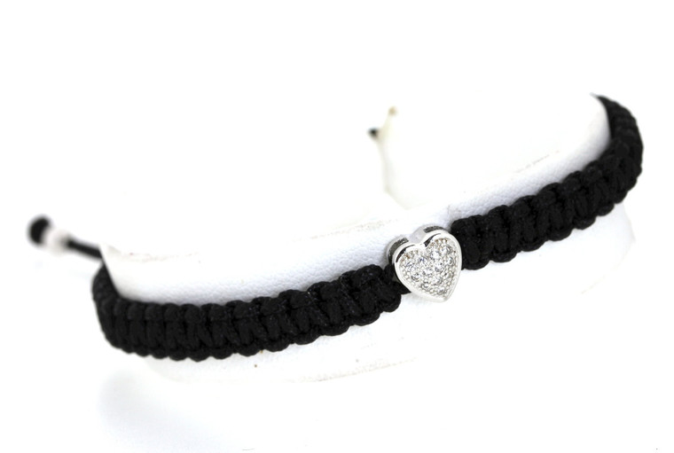 Sterling Silver Heart Black Silk Rope Adjustable Bracelet By Shin Brothers Jewelers *