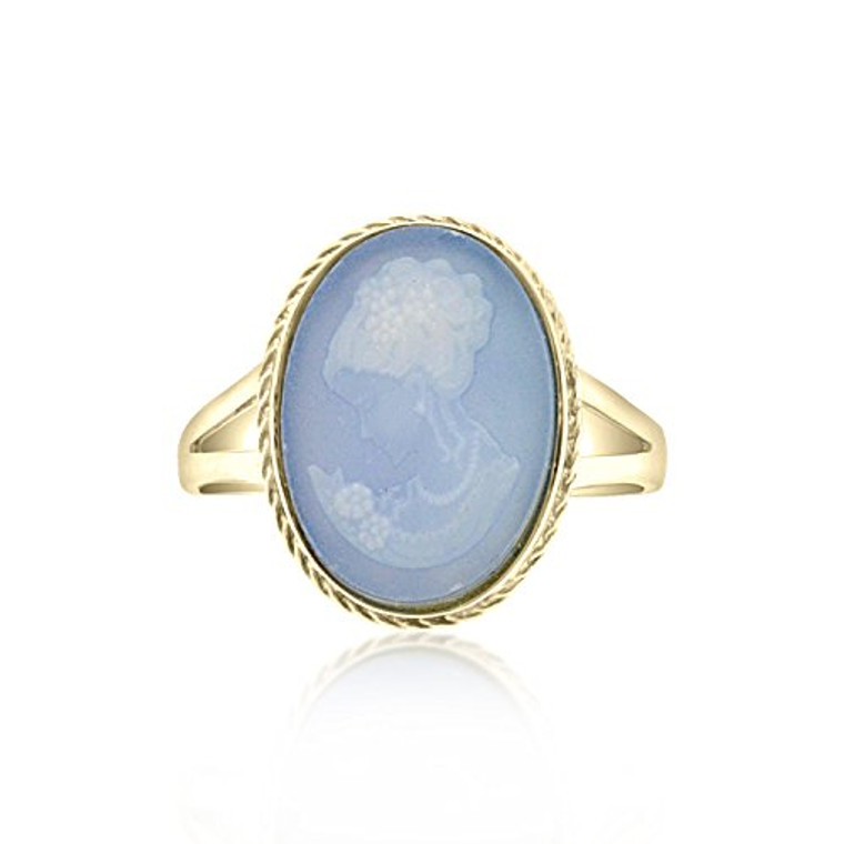 14k Yellow Gold Blue Oval Cameo Ring and Earrings Set