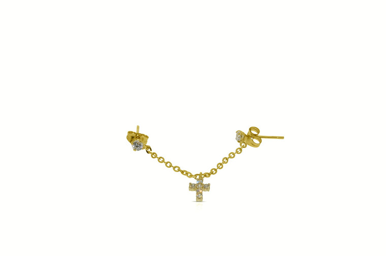 One Single 14K Yellow Gold CZ Double Pierced Cross Earring  By Shin Brothers*