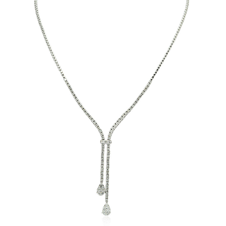 14K White Gold Diamond 18" Necklace With 2 " Drops