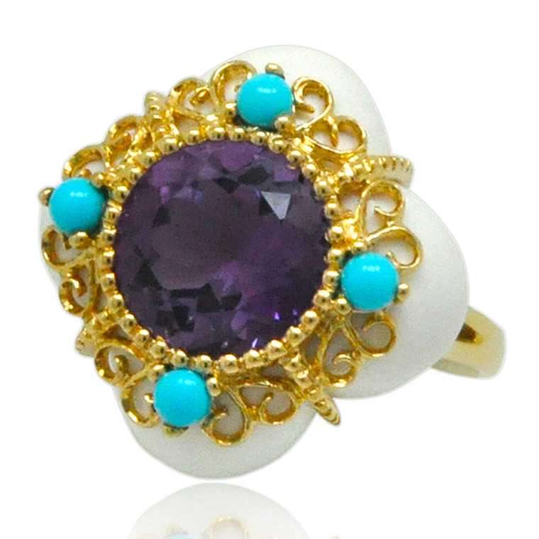 14K Yellow Gold Amethyst Turquoise and White Agate Ring 12002779 By Shin Brothers*