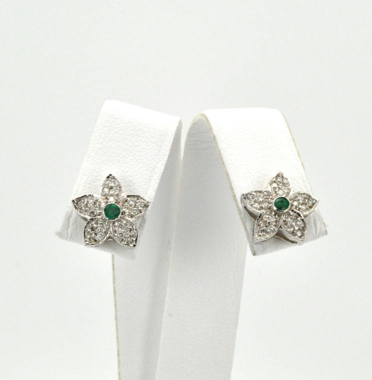 14K White Gold Emerald/Diamond Flower Stud Earrings 42002008 | Shin Brothers*