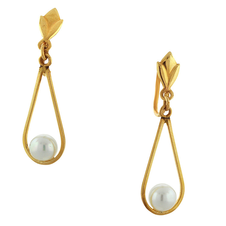 14K Yellow Gold Hanging Pearl Clip-On Earrings 42001781 | Shin Brothers*