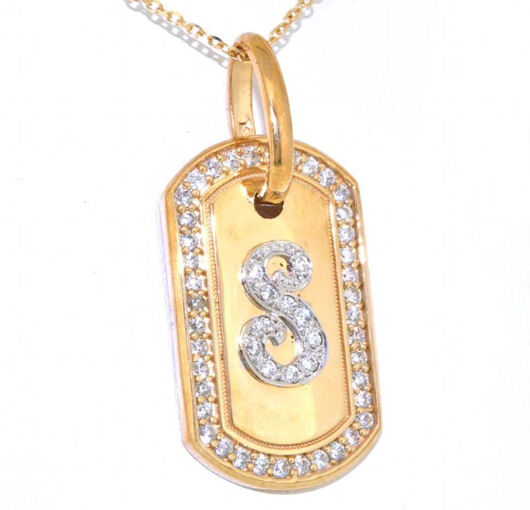 14K Yellow Gold CZ Initial "S" Dog Tag Pendant 52000381 | Shin Brothers*