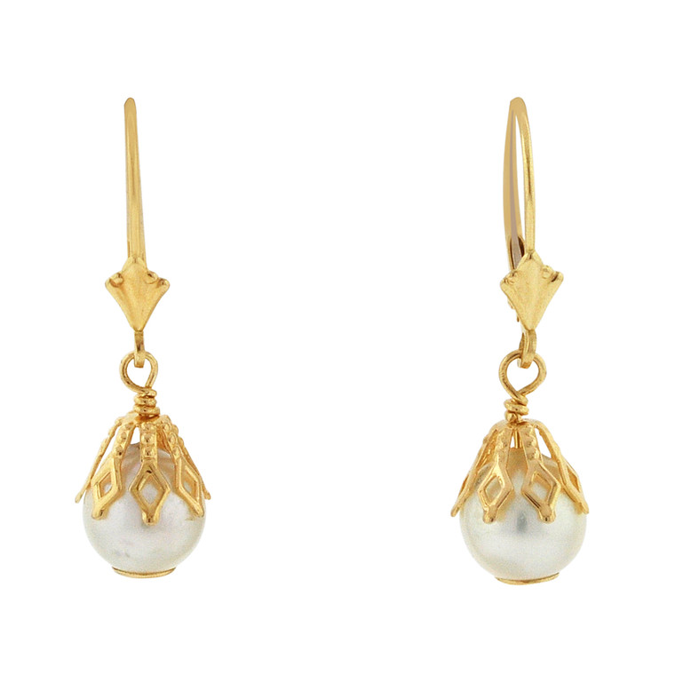 14K Yellow Gold Synthetic Pearl Drop Earrings 42003169 | Shin Brothers*