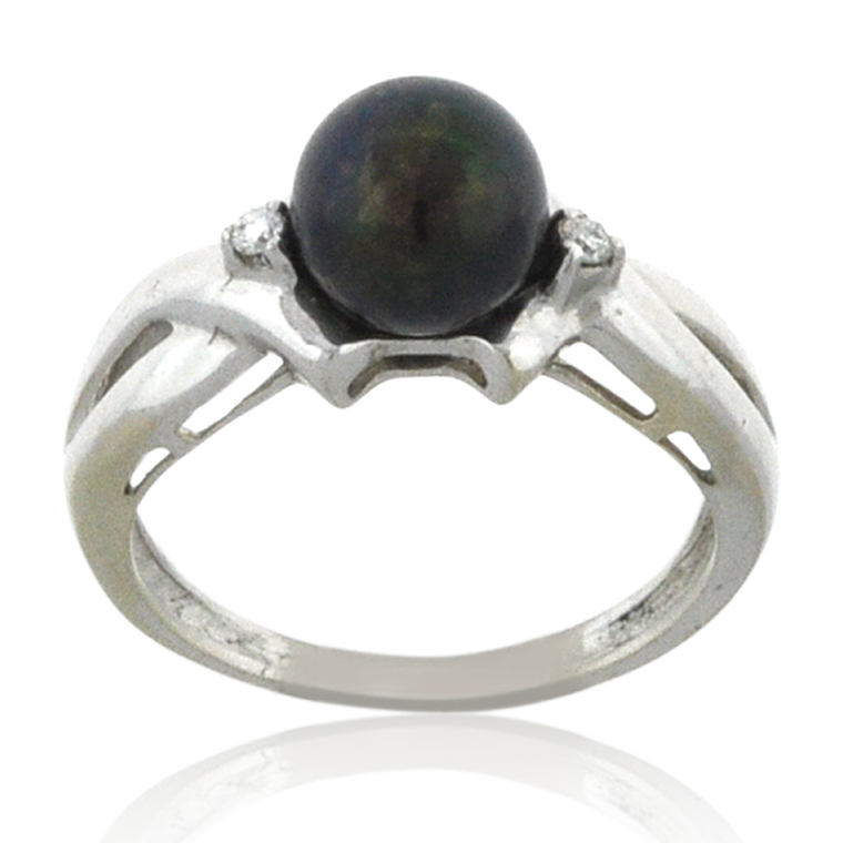 14K White Gold Black Pearl Ring with Diamond Accents 12000934 | Shin Brothers*