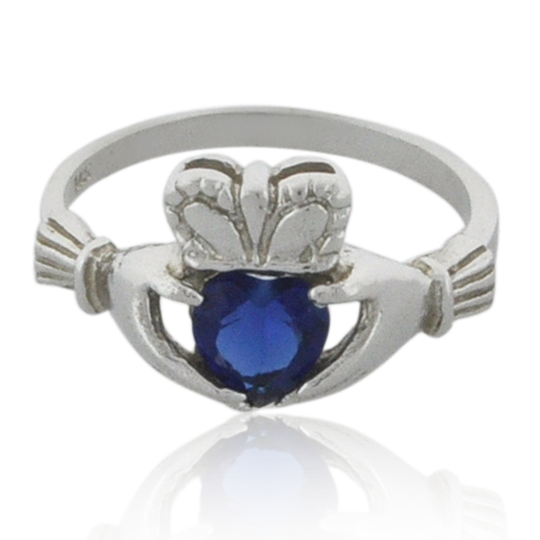 14K White Gold Synthetic Sapphire Claddagh Ring 12001757 | Shin Brothers*