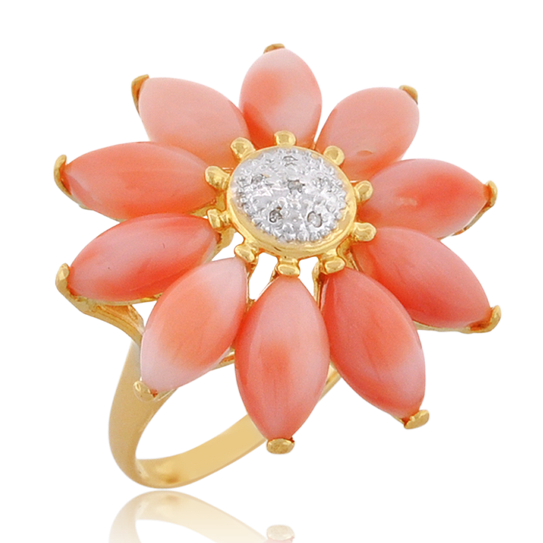 14K Yellow Gold Coral Flower Ring with Diamonds 12002904 | Shin Brothers*