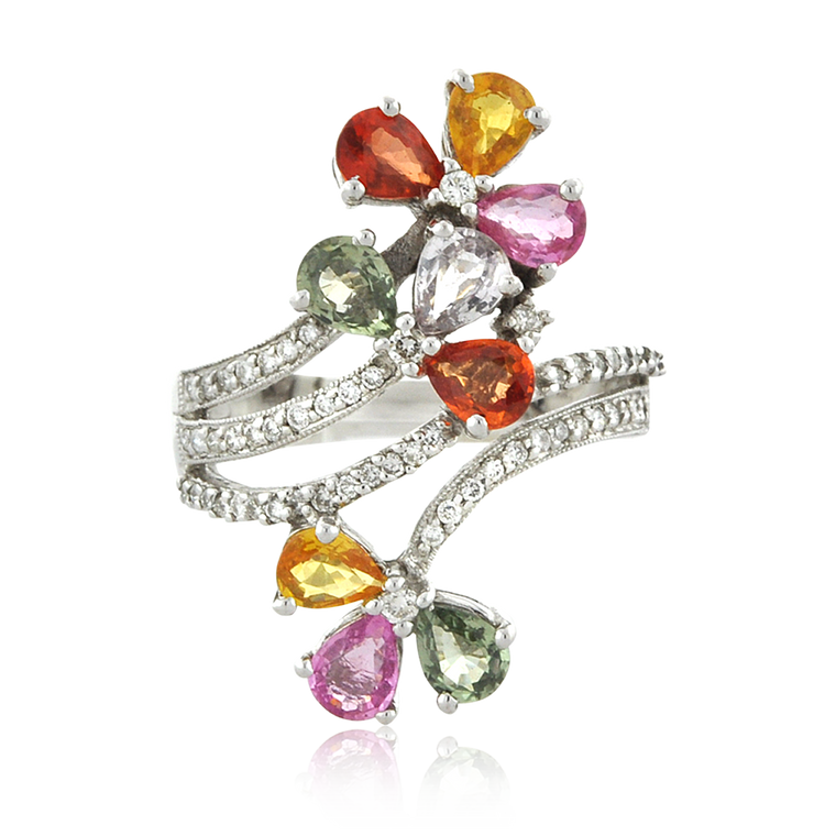 14K White Gold Multicolor Sapphire Flower Bypass Ring with Diamond 12001556 | Shin Brothers*