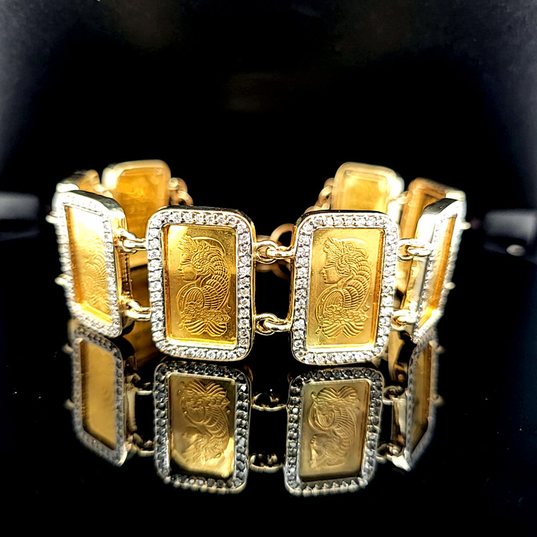 24K Gold Credit Suisse Bars in 14K Gold Diamond Link Bracelet 21000767 | Shin Brothers*