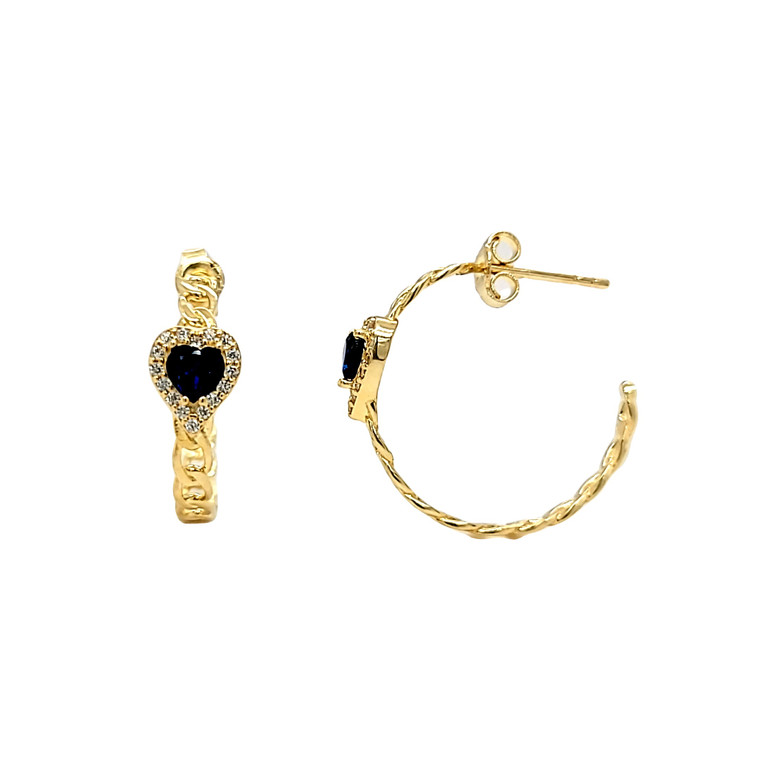 14K Yellow Gold Heart Cut Blue CZ Cable Link Half Hoop Earrings 42003311 | Shin Brothers*