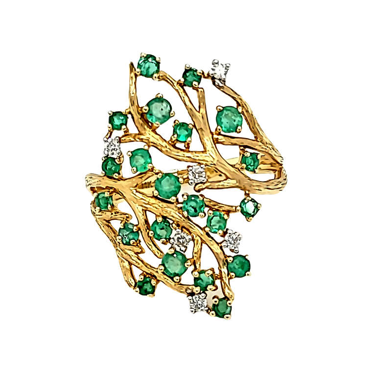 14K Yellow Gold Tree Branch Emerald and Diamond Ring 12003016 | Shin Brothers 