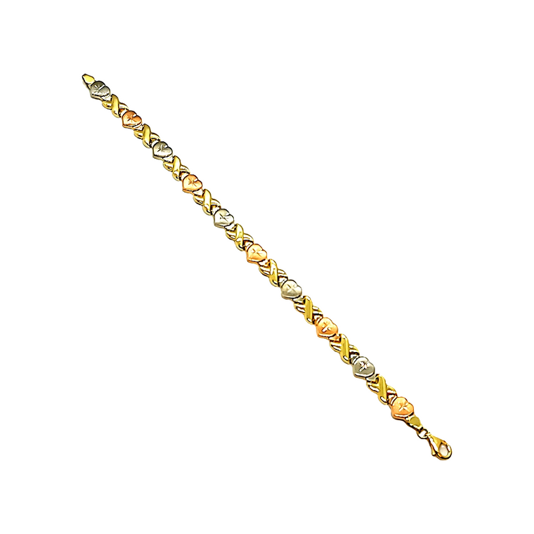 14K Yellow Tri Color Gold Hugs & Kisses Heart 7" Bracelet 20002055| Shin Brothers*