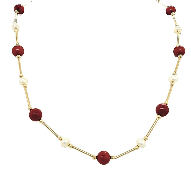 14K Yellow Gold Coral & Pearl Bar Necklace 32000698 | Shin Brothers*