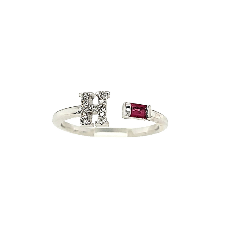 14K White Gold Diamond H Initial Ring with Synthetic Ruby Birthstone 12003112 | Shin Brothers*  