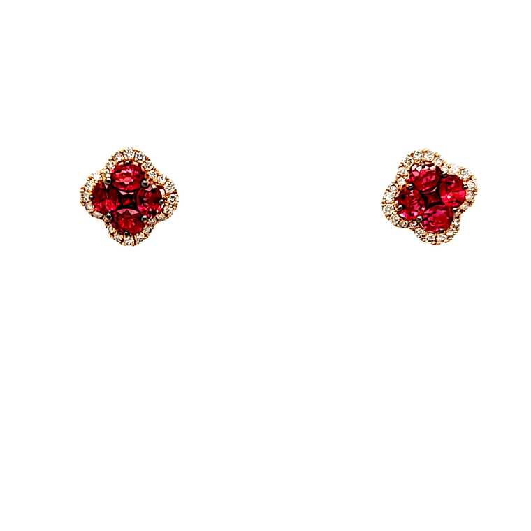 18K Yellow Gold Ruby Diamond Clover Stud Earrings 42003386 | Shin Brothers*