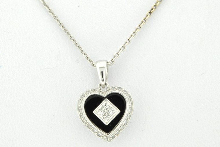 31000239  14K White Gold Diamond/Onyx Heart Pendant with Necklace