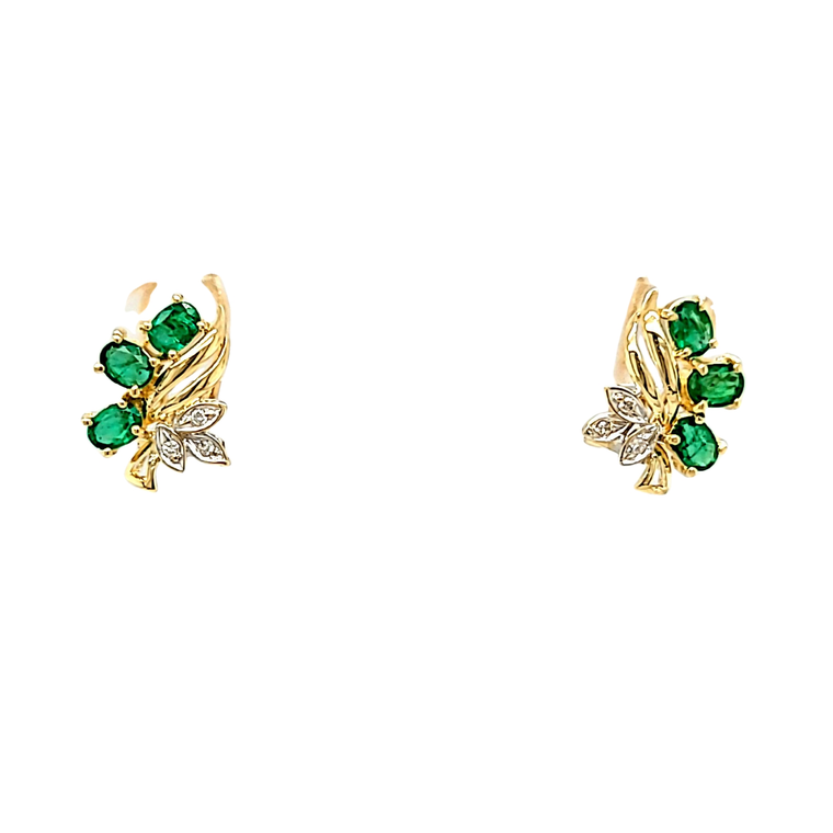 14K Yellow Gold Emerald Diamond Leaf Omega Back Earrings 42003453 | Shin Brothers*