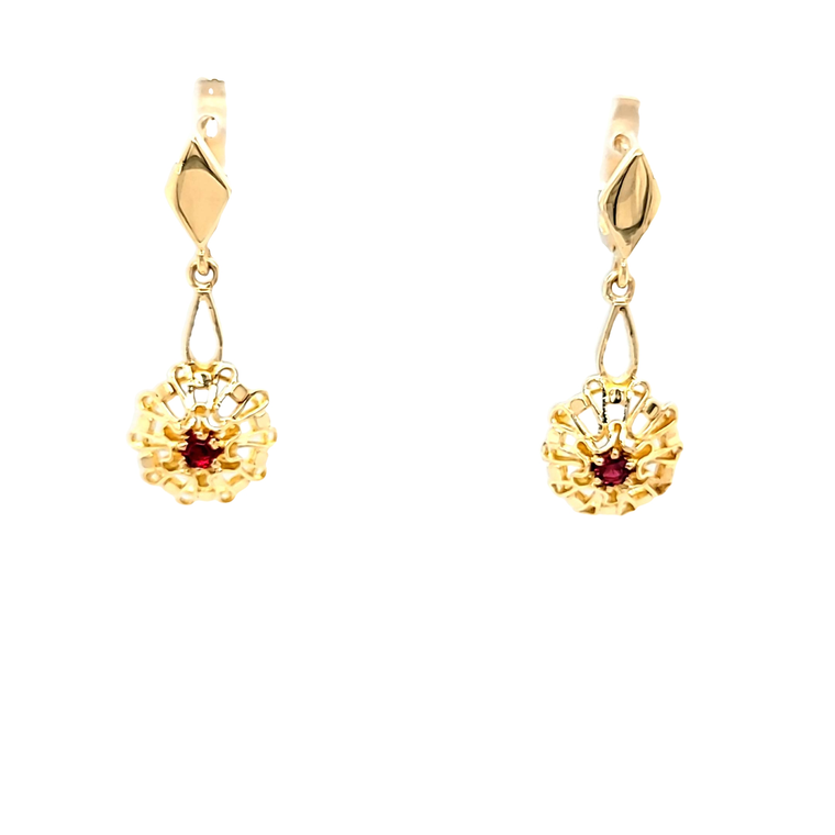 14K Yellow Gold Synthetic Red Stone Ornate Hanging Drop Earrings 42003460 | Shin Brothers*