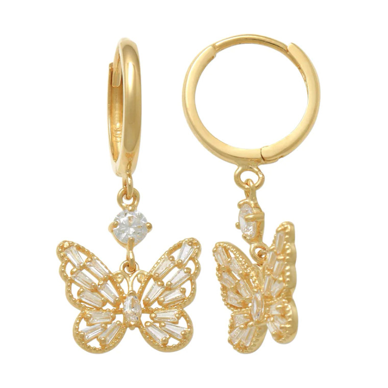 14K Yellow Gold CZ Butterfly Hanging Huggies Earrings 42003478 | Shin Brothers*