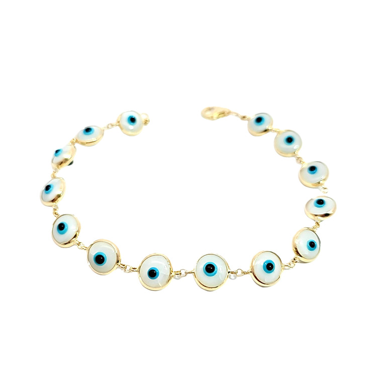 14K Yellow Gold Evil Eye Bracelet 7" White Blue 22000971 | Shin Brothers*