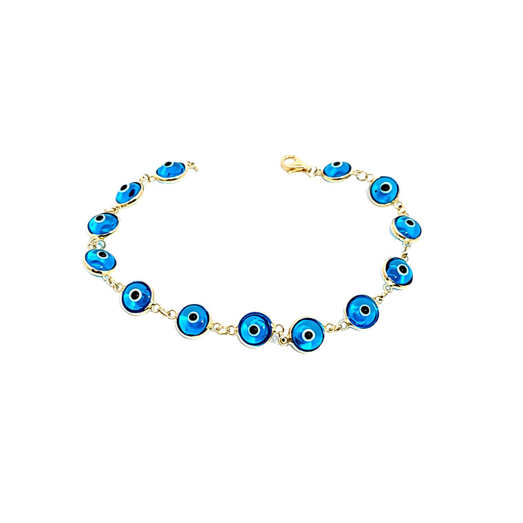 14K Yellow Gold Evil Eye Bracelet 7.5" White Blue 22000973 | Shin Brothers*