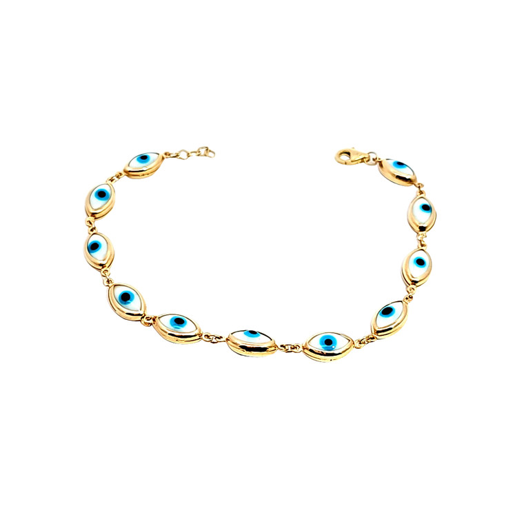 14K Yellow Gold 7" White and Blue Evil Eye Bracelet 22000972 | Shin Brothers*