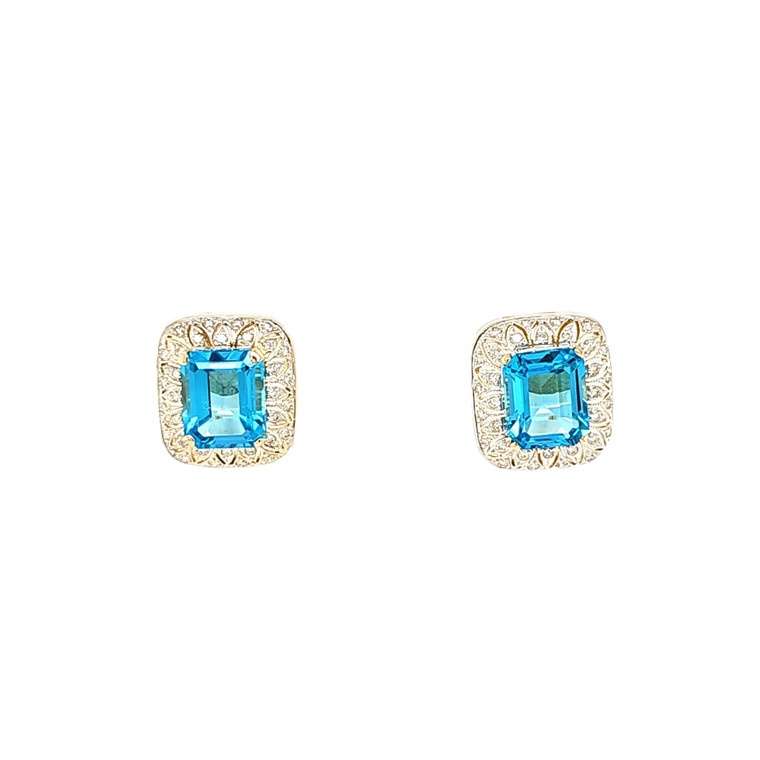 18K Yellow Gold Blue Topaz Diamond Square Stud Earrings 42003497 | Shin Brothers*