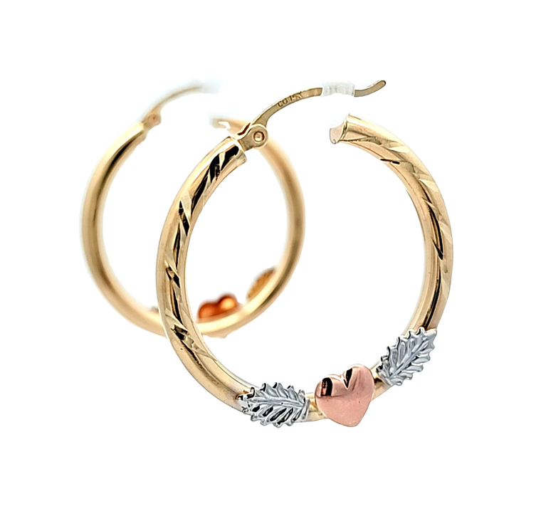 14K Tricolor Gold Heart And Leaves Hoop Earrings 40003280 | Shin Brothers*
