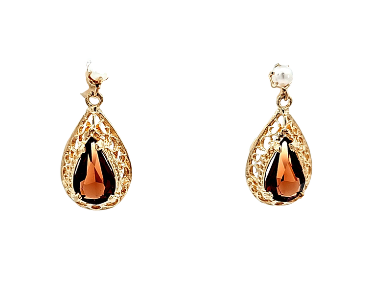 14K Yellow Gold Golden Topaz with Pearl Dangling Stud Earrings 42003503 | Shin Brothers*