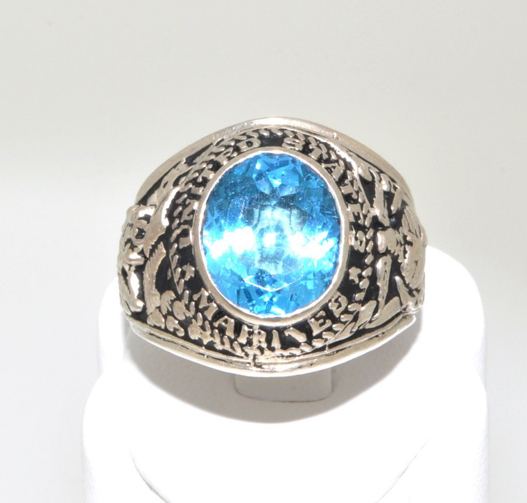 80000229 Silver United States Marines Seal Ring with Blue Cubic Zirconia