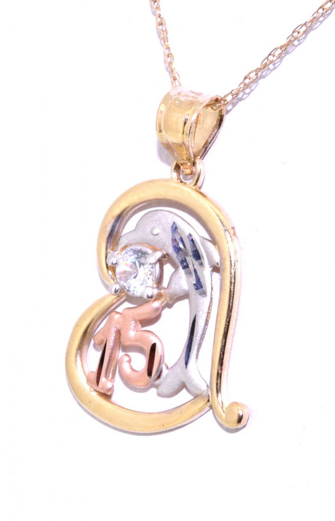 14K Tricolor Gold 15 Años Dolphin CZ Heart Charm 50002074 | Shin Brothers*