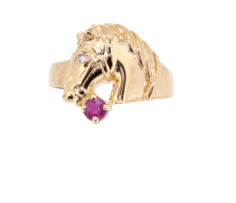 14K Yellow Gold Ruby & Diamond Horse Ring | Shin Brothers 