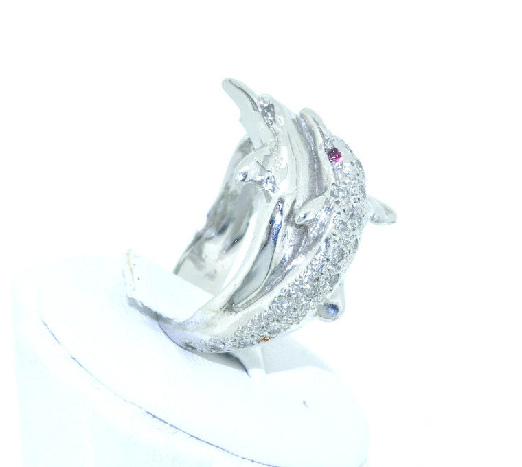 14K White Gold Diamond Dolphin Ring with Ruby Eye 12001318 | Shin Brothers*