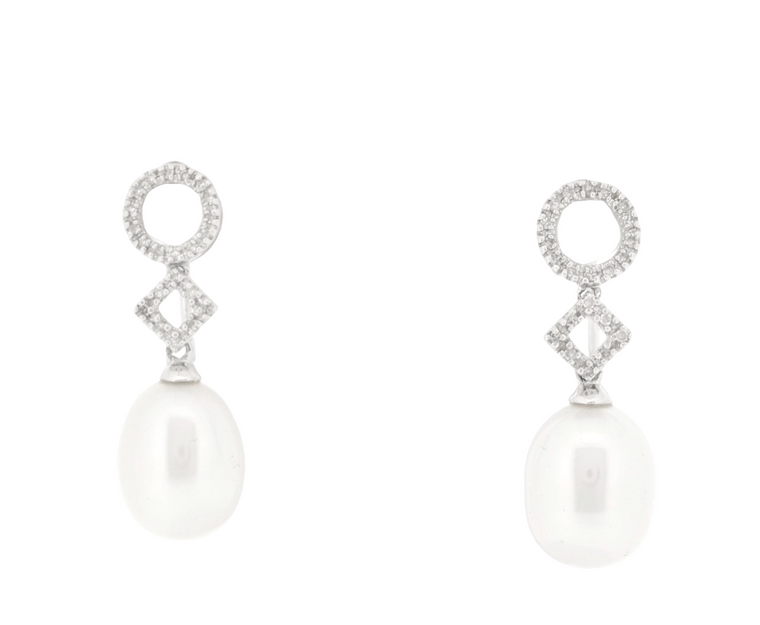 14K White Gold Diamond Freshwater Pearl Drop Earrings 42000313 | Shin Brothers*
