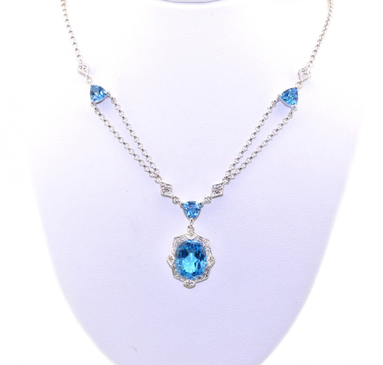 32000300 14K White Gold Swiss Blue Topaz/Diamond Necklace