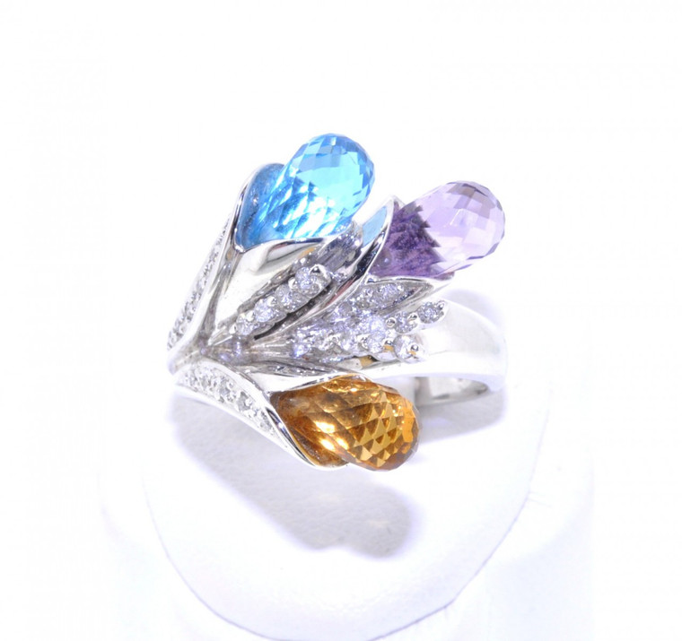  14K White Gold Multi-color Gemstone and  Diamond Ring 12001837 | Shin Brothers*